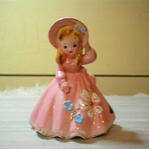 Vintage Josef Originals Figurine Blonde Girl Pink Dress Bell Gold Trim